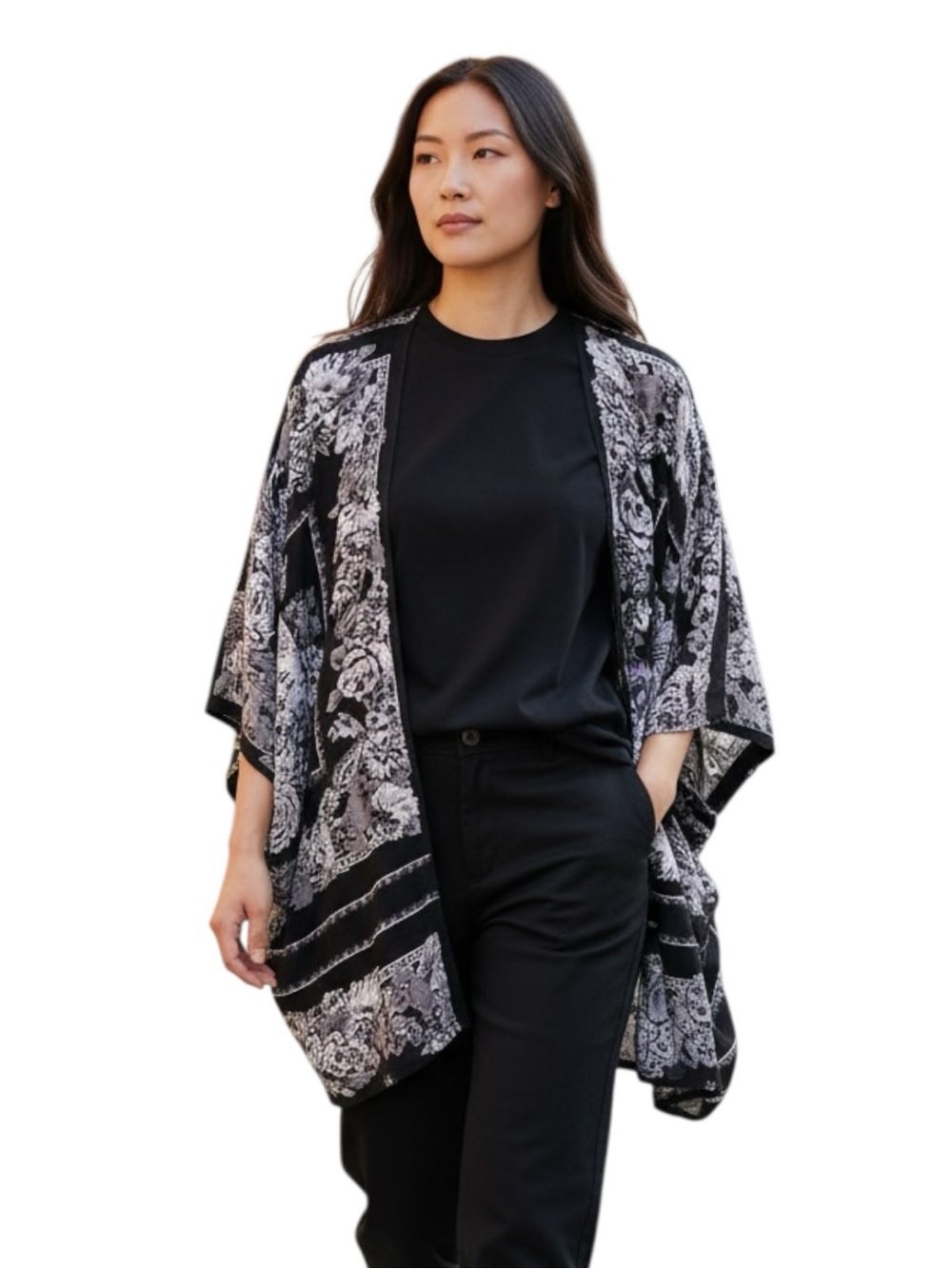 Kimchi Blue Black & White Floral Open-Front Poncho Rayon Size OS